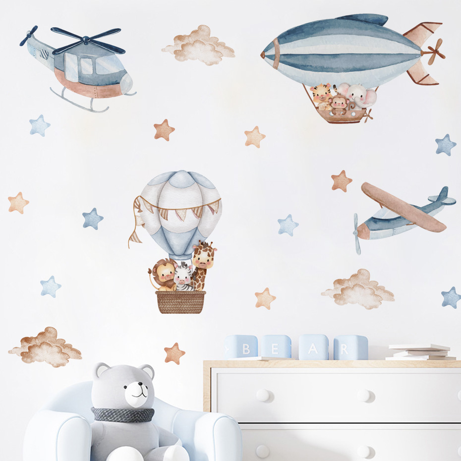 Baby Nursery Boy - Aquarell Tiere Heißluftballon Wolken Wandaufkleber für